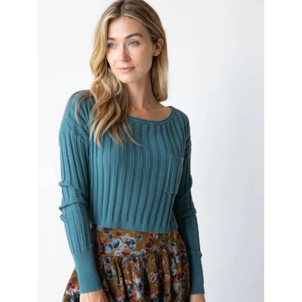 Natural Life Womens Patti Layering Sweater Size L Ribbed Crop Teal Boho Hippie‎